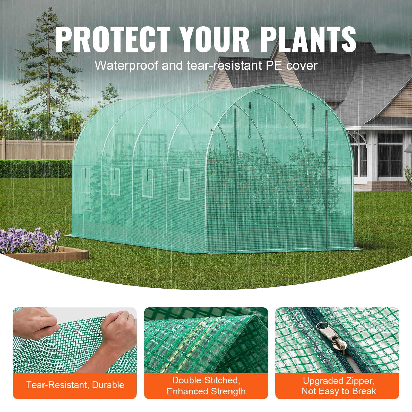 KFFKFF Walk-in Tunnel Greenhouse, 15x7x7 ft, Featuring a Durable Galvanized Steel Frame and Green PE Covering, Equipped with a Roll-up Zipper Door and 8 Ventilation Windows