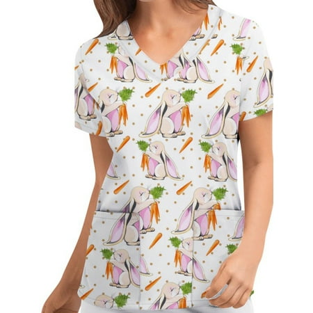 

Bebiullo Easter Scrub Tops for Women Eggs Bunny Print V Neck Short Sleeve Medical Scrub Shirts Top Working Uniform Wear with Pockets light purple rabbit L