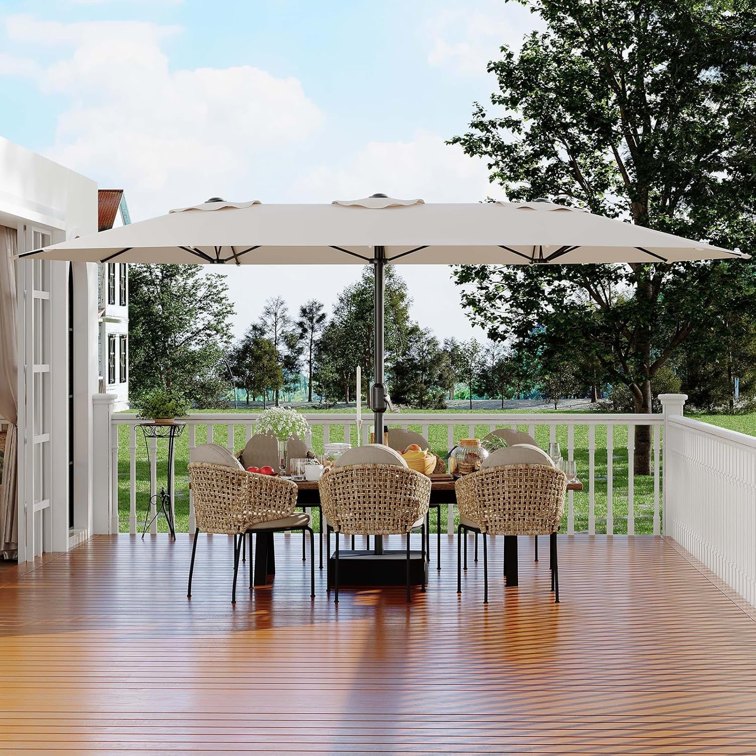 ChaoLink 15ft Large Patio Umbrella with Base & Solar Lights-Rectangular Patio Umbrella with Crank Handle, UV Protection for Outdoor Market