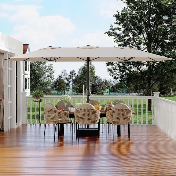 15ft Large Patio Umbrella with Sandbag Base - Rectangular Patio Umbrella with Crank Handle, UV Protection for Outdoor Market, Backyard, Pool - Beige