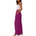 thumbnail image 5 of Womens Cotton Linen Wide Leg Pants, Drawstring Elastic Waist Loose Fit Summer Beach Palazzo Trousers Purple M, 5 of 5