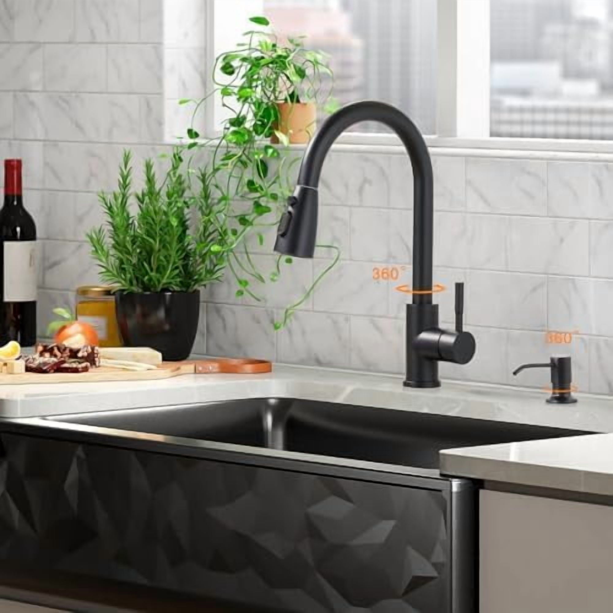 Black Kitchen Faucet with Soap Dispenser, Stainless Steel Kitchen Sink Faucet, Matte Black Kitchen Faucet Single Handle High Arc Utility Sink Faucet for Sink, RV, Laundry, Bar
