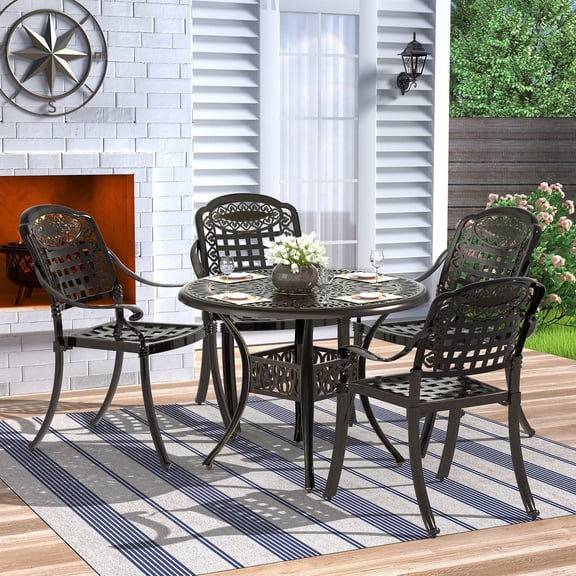 MEETWARM 5-Piece Cast Aluminum Outdoor Dining Sets with Round Table and Chairs, Dark Bronze