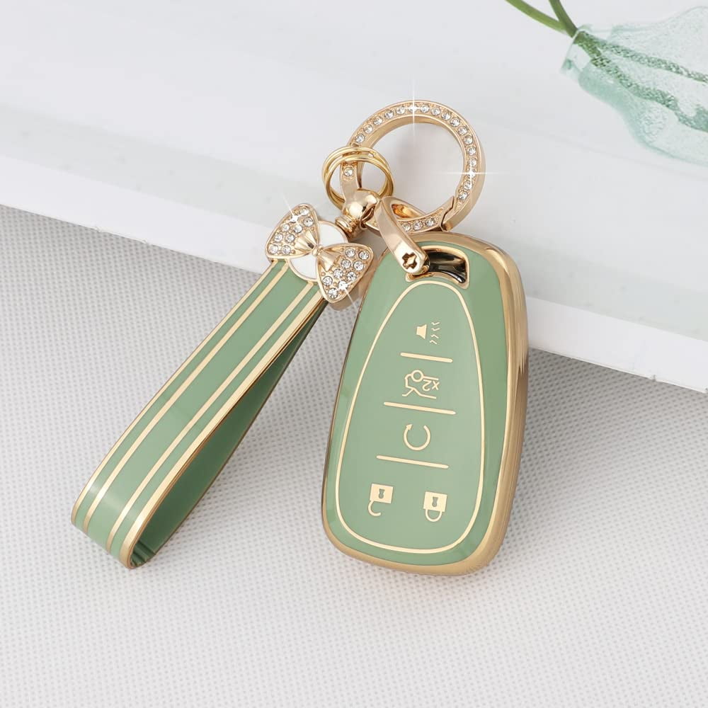 Stylish 5-Button TPU Key Fob Cover with Bling Keychain for Chevy Equinox Malibu Blazer Camaro Spark Traverse Trax Green Gold Protective Shell Case for Men and Women