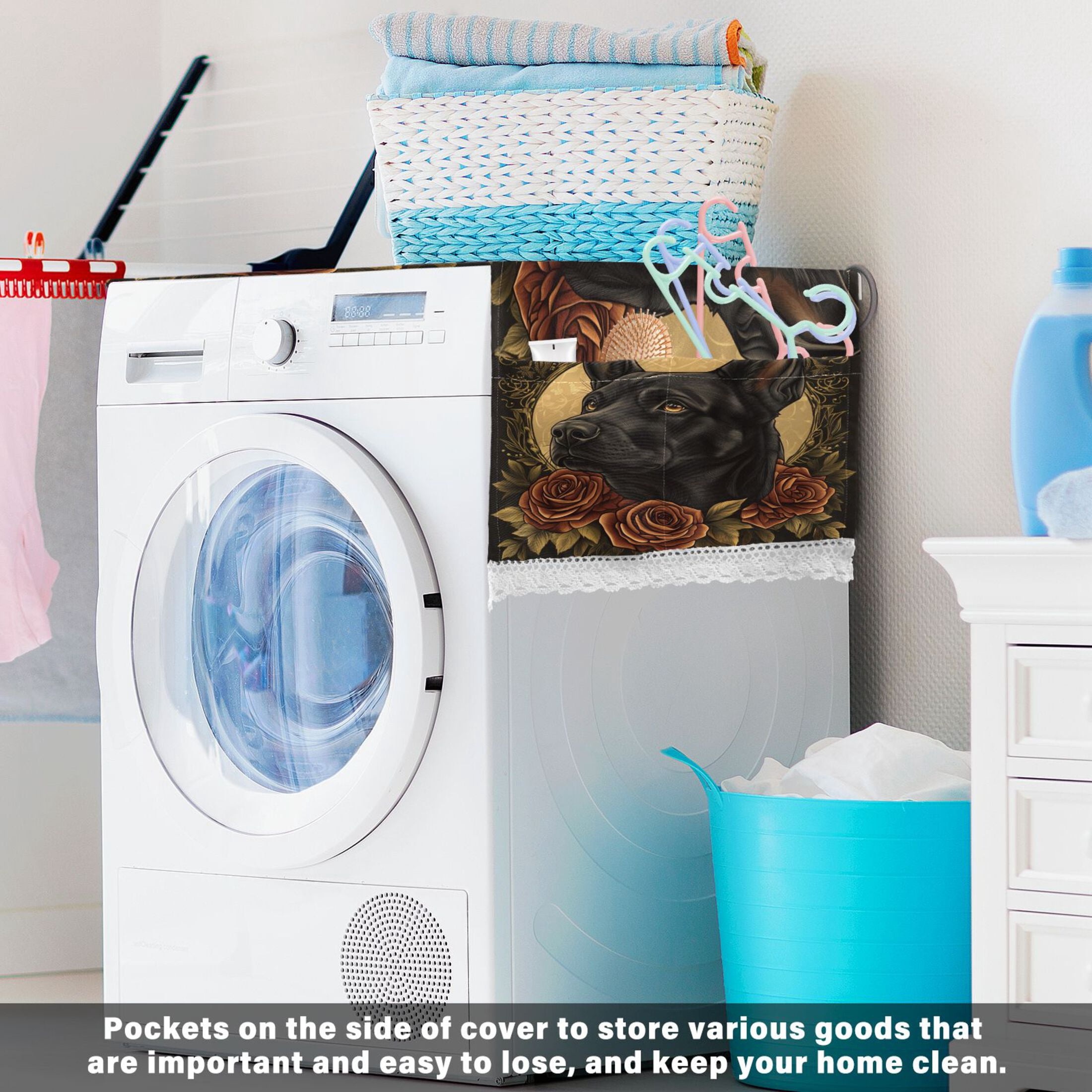 WOBOGO The Black Dog with Red Rose Washing Machine Cloth Dryer Refrigerator Top Cover Protective Non-Slip Mat For Kitchen Laundry
