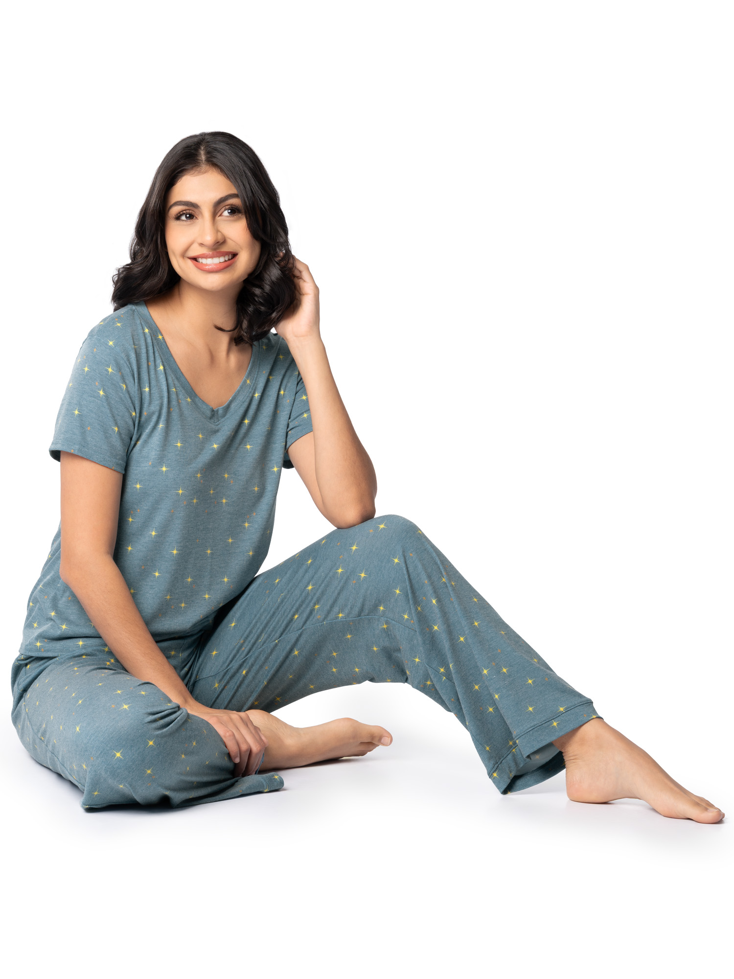 Fruit of the Loom Women's Soft & Breathable V-Neck Short Sleeve Top & Pajama Pant Set, Sizes S-4X