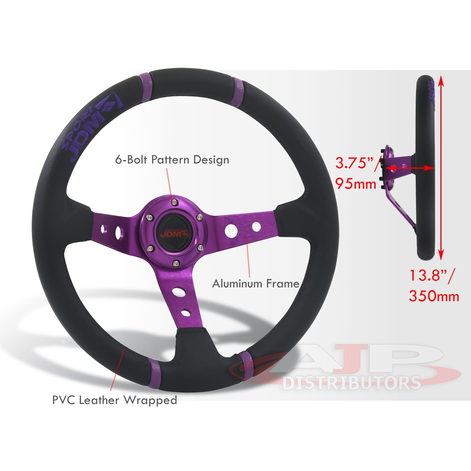 AJP Distributors Universal 350mm 14" Steering Wheel 6 Bolts Holes Black PVC Leather 4 Purple Pin Stripe Light Weight Aluminum 3 Spoke Center Deep Dish Horn Button Grip Stance JDM