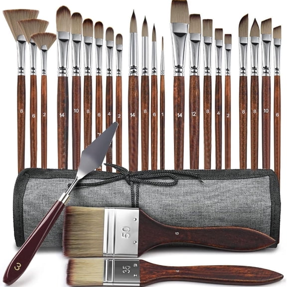25pcs Paint Brush Set, Professional Paint Brush Set with Cloth Roll and Paint Spatula, Nylon Brushes for Acrylic Painting Watercolor, Oil, Gouache, Art Supplies for Beginners and Artists