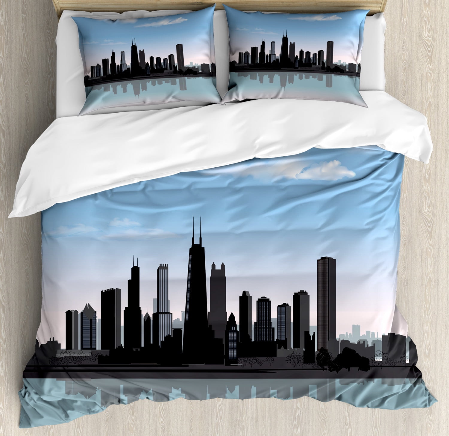 Chicago Skyline Queen Size Duvet Cover Set, Day Time Illinois