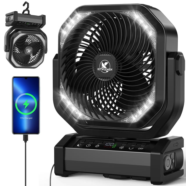 Ventilador de camping con luz, ventilador de batería recargable de 20000 mAh, 112 horas de tiempo máximo de funcionamiento, 8 velocidad