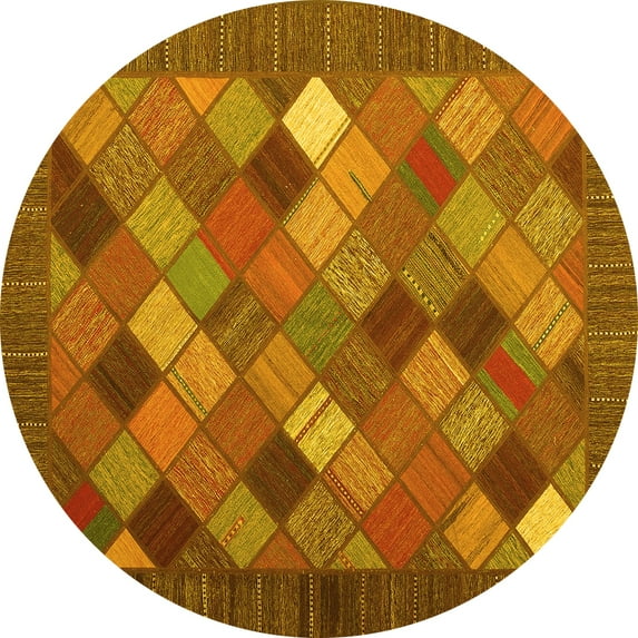 Ahgly Company Machine Washable Indoor Round Abstract Yellow Contemporary Area Rugs, 3' Round