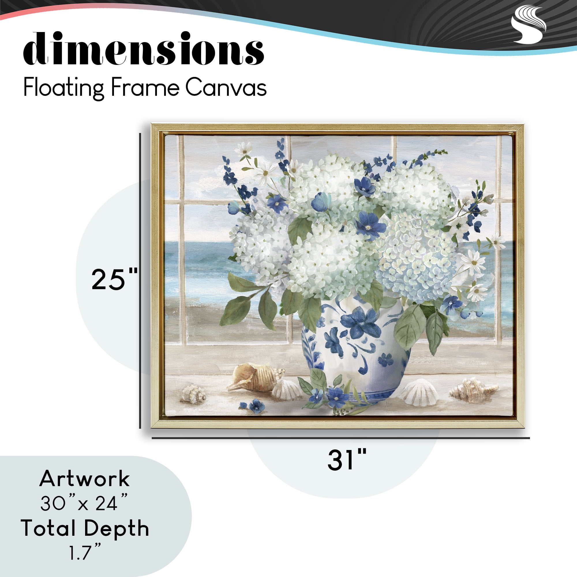 Stupell Industries Seaside Hydrangea Bouquet in Window Gold Framed Floater Canvas Wall Art, design by Nan