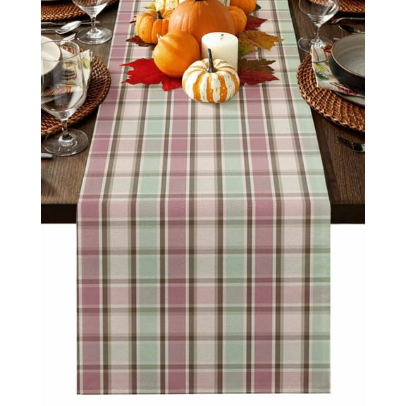 Fall Table Runner Thanksgiving Green Pink Buffalo Plaid Table Runners Pastoral Checked Cotton Linen Dresser Scarf Kitchen Dining Table Decor for Fall Holiday Party Decor 13x36 Inch