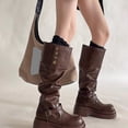 thumbnail image 4 of Women's Slouchy Knee High Boots Mid Calf Chunky Platform Boots Round Toe Riding Biker Boots with Adjustable Buckle Viking Gothic Faux Leather Shoes, 4 of 9