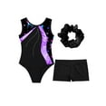 thumbnail image 3 of Venjoe Kids Girls 3 Piece Gymnastics Leotards Outfits Sparkling Ballet Dance Unitards with Shorts Purple&Black 14, 3 of 7