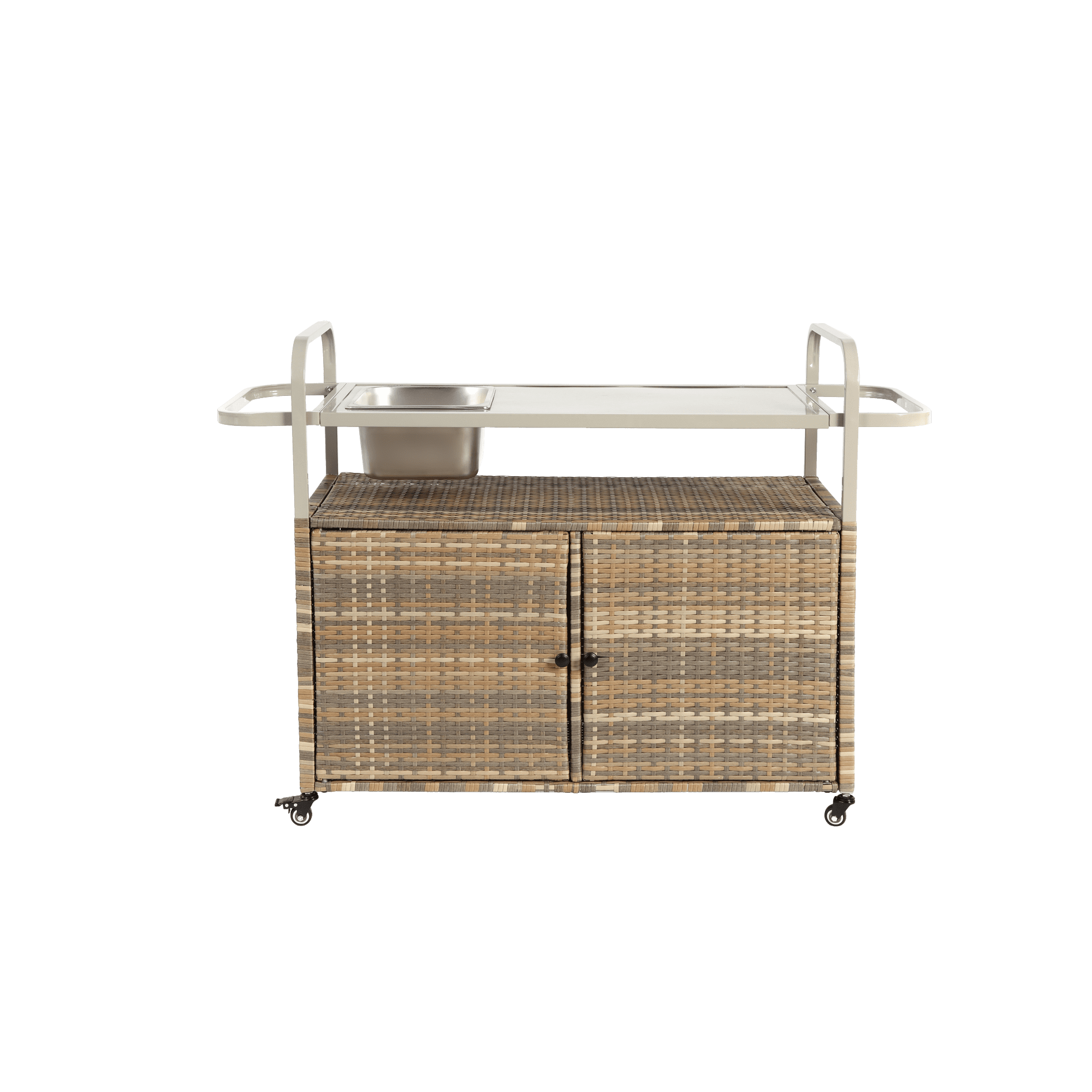 Outdoor Bar Cart,Wicker Bar Table Cart with Cabinet,Patio Serving Cart with Steel Top, Ice Bucket,Lockable Wheels, Side Basket for Garden, Poolside & Backyard,Beige