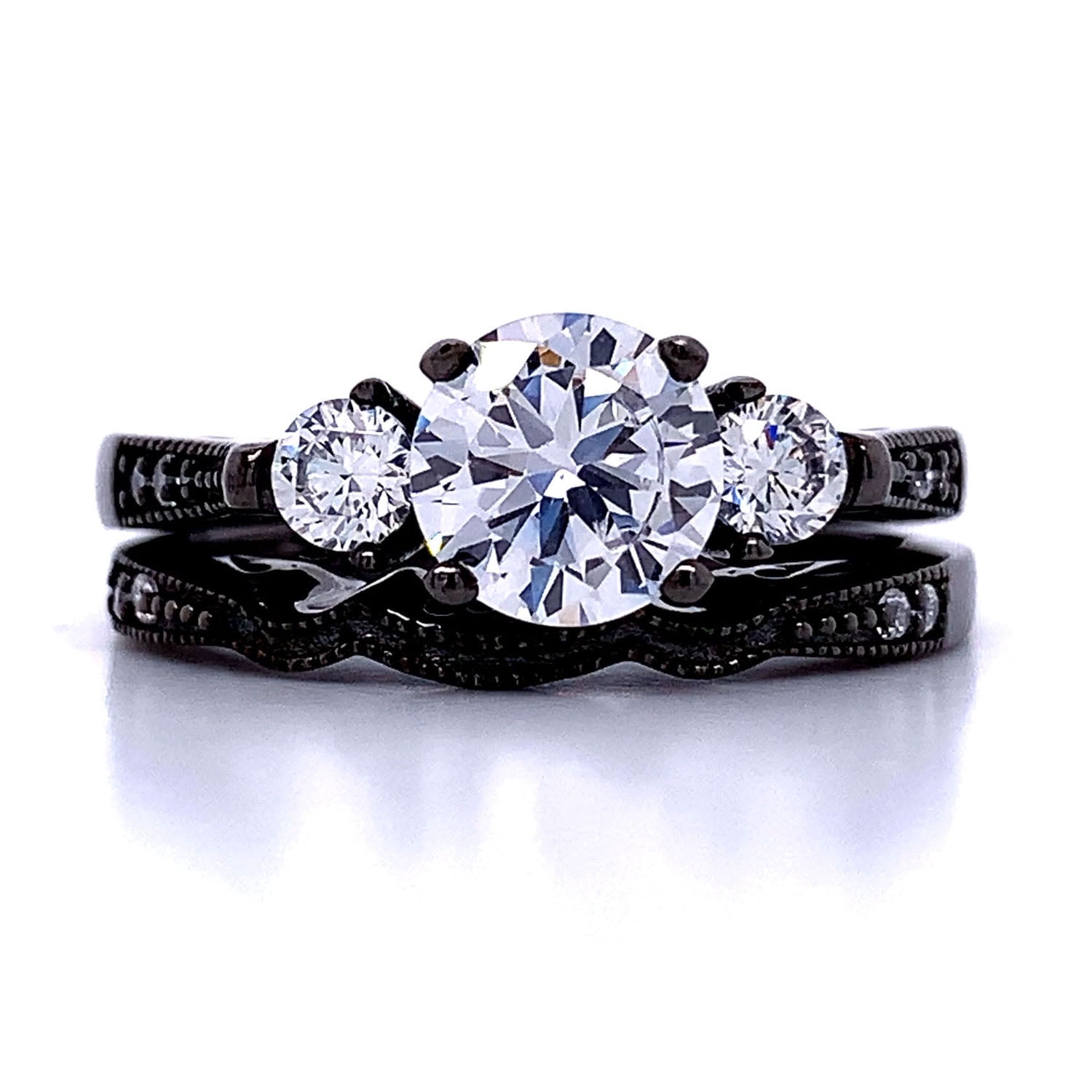 Women's Black Three Stone Solid Sterling Silver Nicely Wedding Ring Band Set 