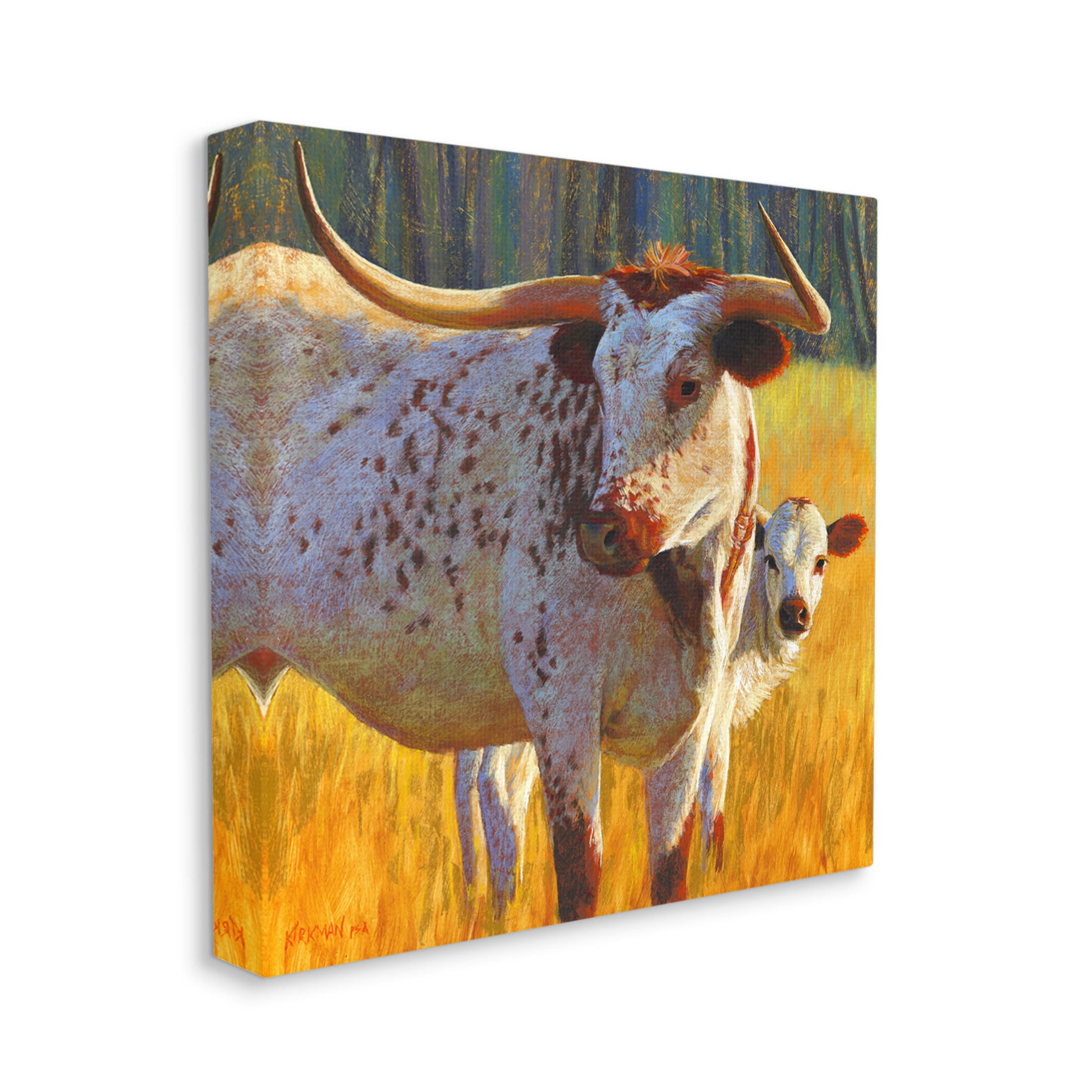 Longhorn Cow Calf Grassland Farm Animals & Insects Painting Gallery Wrapped Canvas Print Wall Art