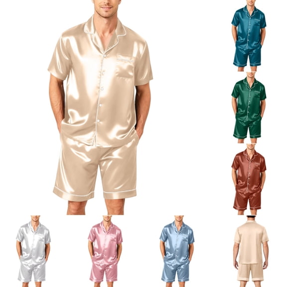 pajama sets for Men Casual Short Sleeve Button Down Shirt Top & Shorts Sleepwear Loungewear Shorts Suit Pyjamas Beige 2XL