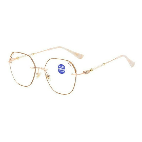 Women Gold Rimless Anti-Blue Light Reading Glasses 2.50 Pearl Elegant Diamond Readers  2.50 Strength