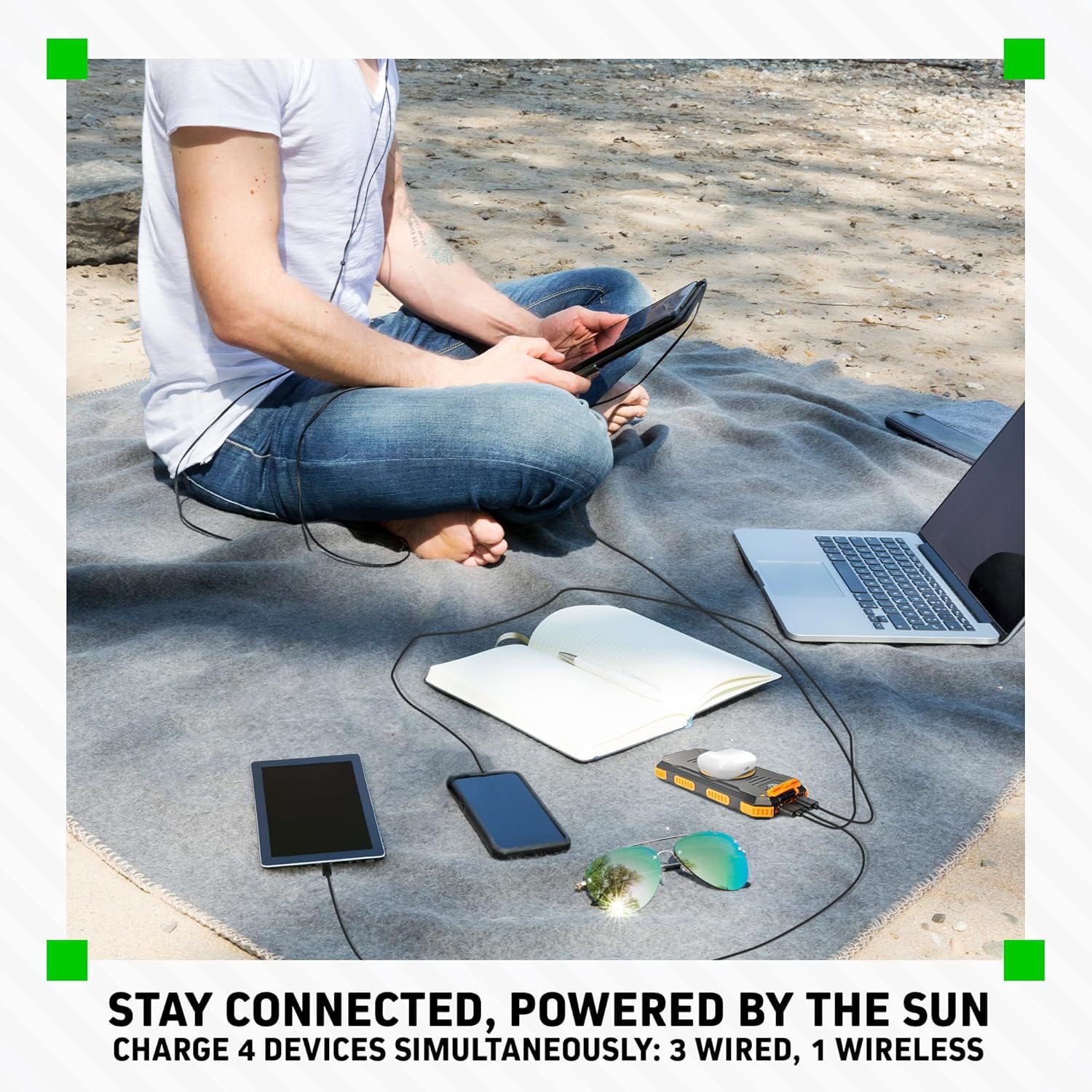 Chargeworx Solar Power Bank and Wireless Charger, 15,000 mAh Battery Pack with Dual LED Flashlight