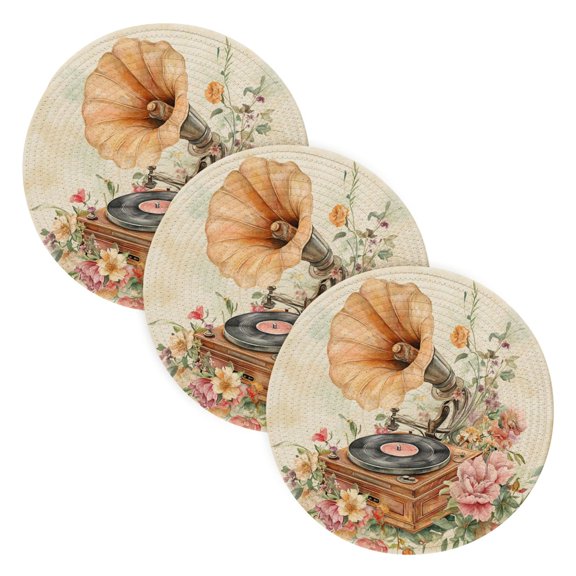 BZSMCE Mats for Pots,Pans Place Gramophone with Floral Decoration Simple Style Pattern Pot Mats