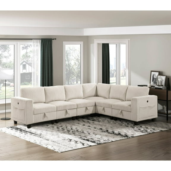 Newboti Furniture 6-Piece Modular Sectional With Storage Seats, Side Pockets, Charging Ports Beige Corduroy Fabric Modern Living Room Sectional Couch Solid Wood Furniture 0107