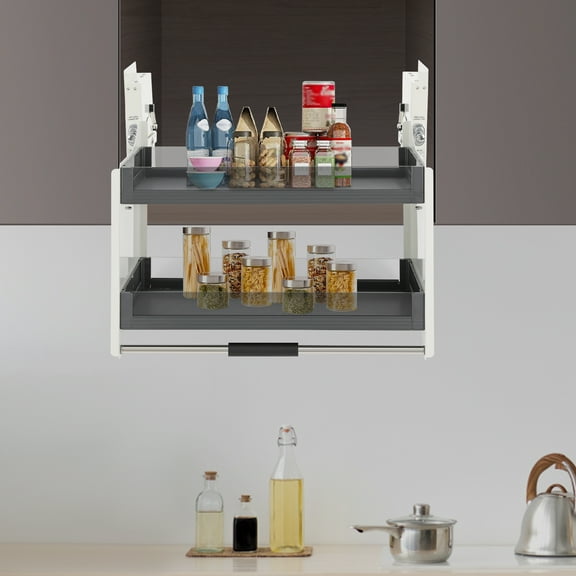 14in Drop Pull-down Shelf 2-Tier Glass Upper Cabinet Organizer