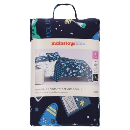 MAINSTAYS KIDS GLOW IN THE DARK GAMER REVERSIBLE COMFORTER SET WITH SHEETS, FULL, 7 PIECES
