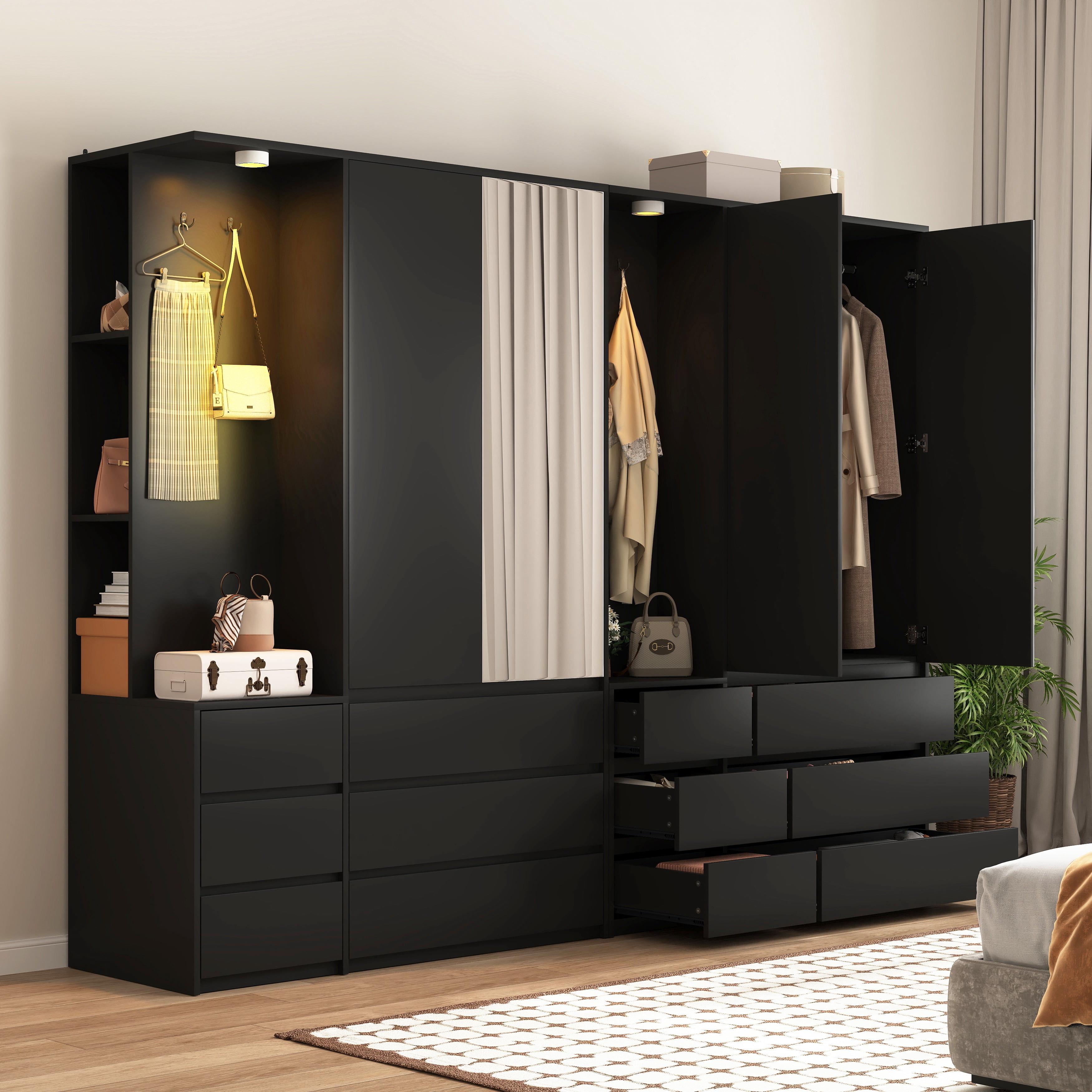 Mintazer Freestanding Wardrobe Armoire with Mirror Door, Open Coat Nook & 6 Drawers, 71" Tall Clothing Storage Cabinet with Hanging Rod & Light for Bedroom, Black