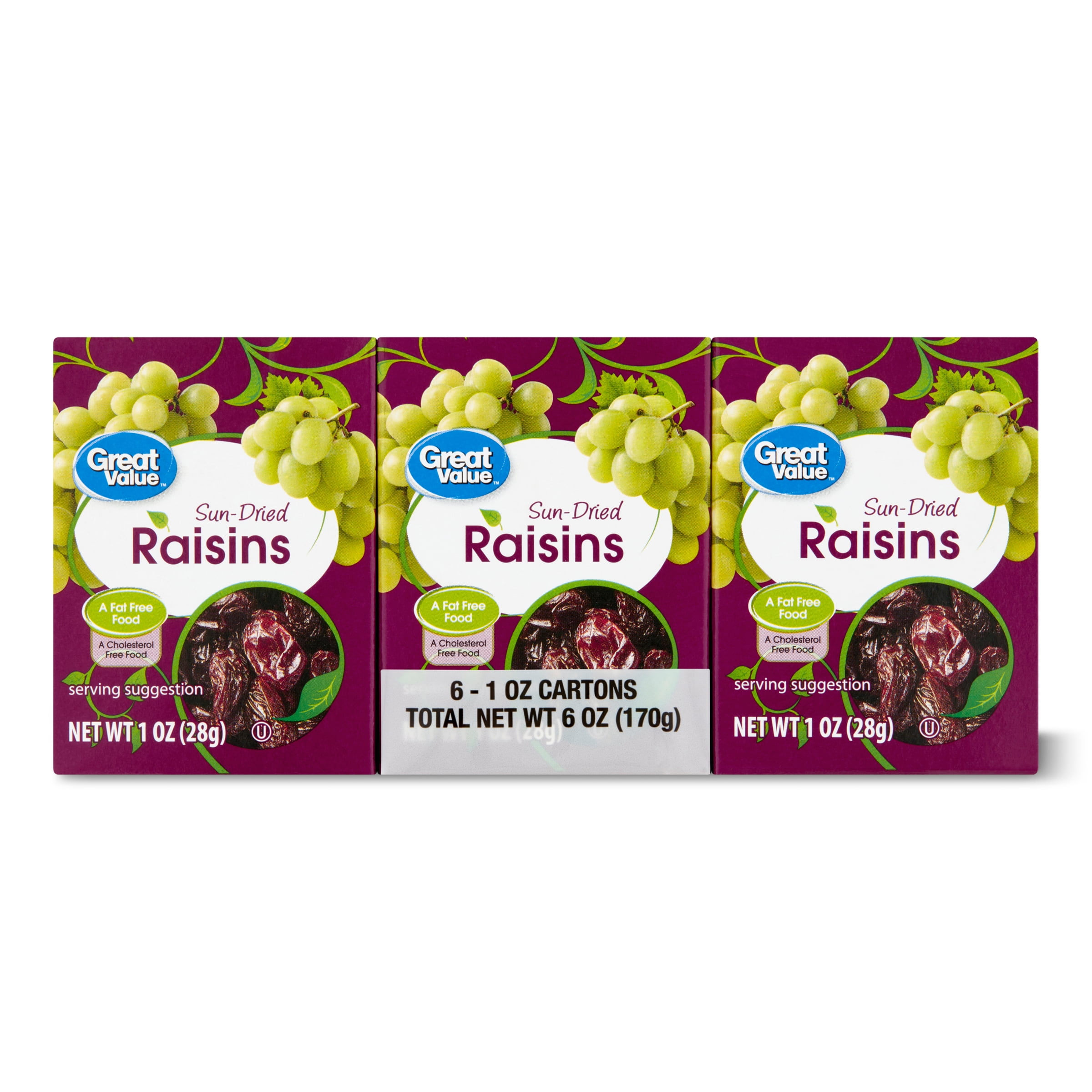 Great Value Sun-Dried Raisins, 1 oz, 6 Count
