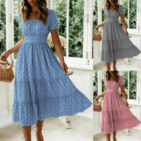 Bxsruta Women's Square Neck Short Sleeve Midi Dress Tiered Ruffle a Line Flowy Swing Dress Casual Elastic Waist Pull on Print Summer Spring Party for Daily Wear Beach Holiday
