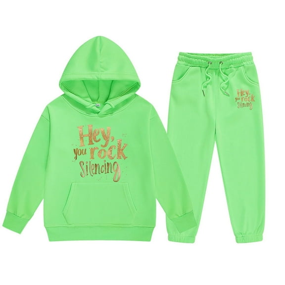 Zylarhe Girls Boys Sweatshirt Girls Long Sleeve Letter Print Hooded Sweater and Pants Outfit Set for Kids Green 10-11 Years