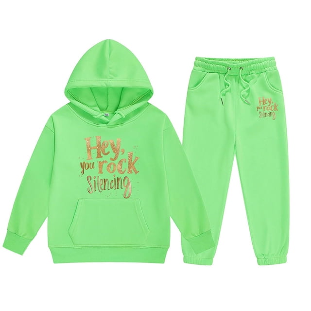 MEZZALL Ensemble de Survêtement à Capuche Imprimé Lettre pour Enfants, Vert, 12-13 Ans