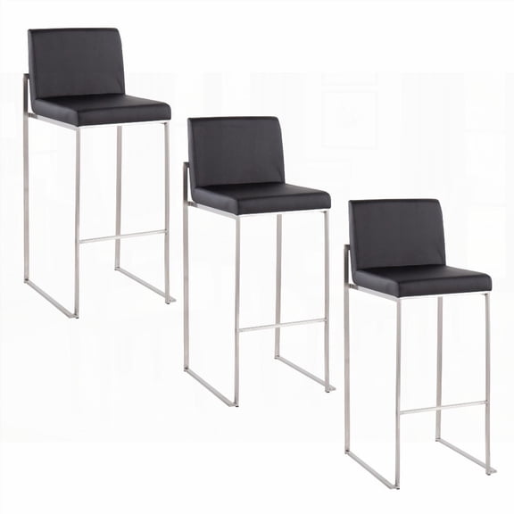 3-Piece Stainless Steel and Black Faux Leather High Back Barstools - Contemporary Style
