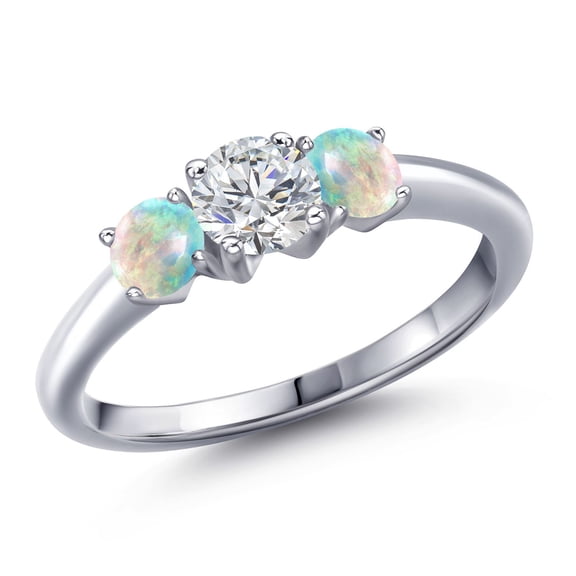 Gem Stone King 925 Sterling Silver Lab Grown Diamond and Simulated White Opal Engagement Ring for Women | 1.00 Cttw | Round 5MM | Gemstone April Birthstone | Size 5