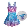 thumbnail image 6 of COEQINE Girls Swim Dress Fashion One Piece with Flowy Skirt & Built-in Brief, Classic Tank Style U-Neck and Wide Straps Swimsuit, for Beach & Pool, Sizes 5-6, Galaxy Mermaid Scales, 6 of 8