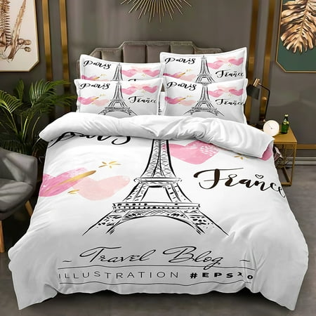 3Piece Duvet Cover Set King Size Eiffel Tower Bedding Set Lovers Sweet Couple Paris Tower Pink Flowers Design Style Comforter Bedding Sets(No Comforter)