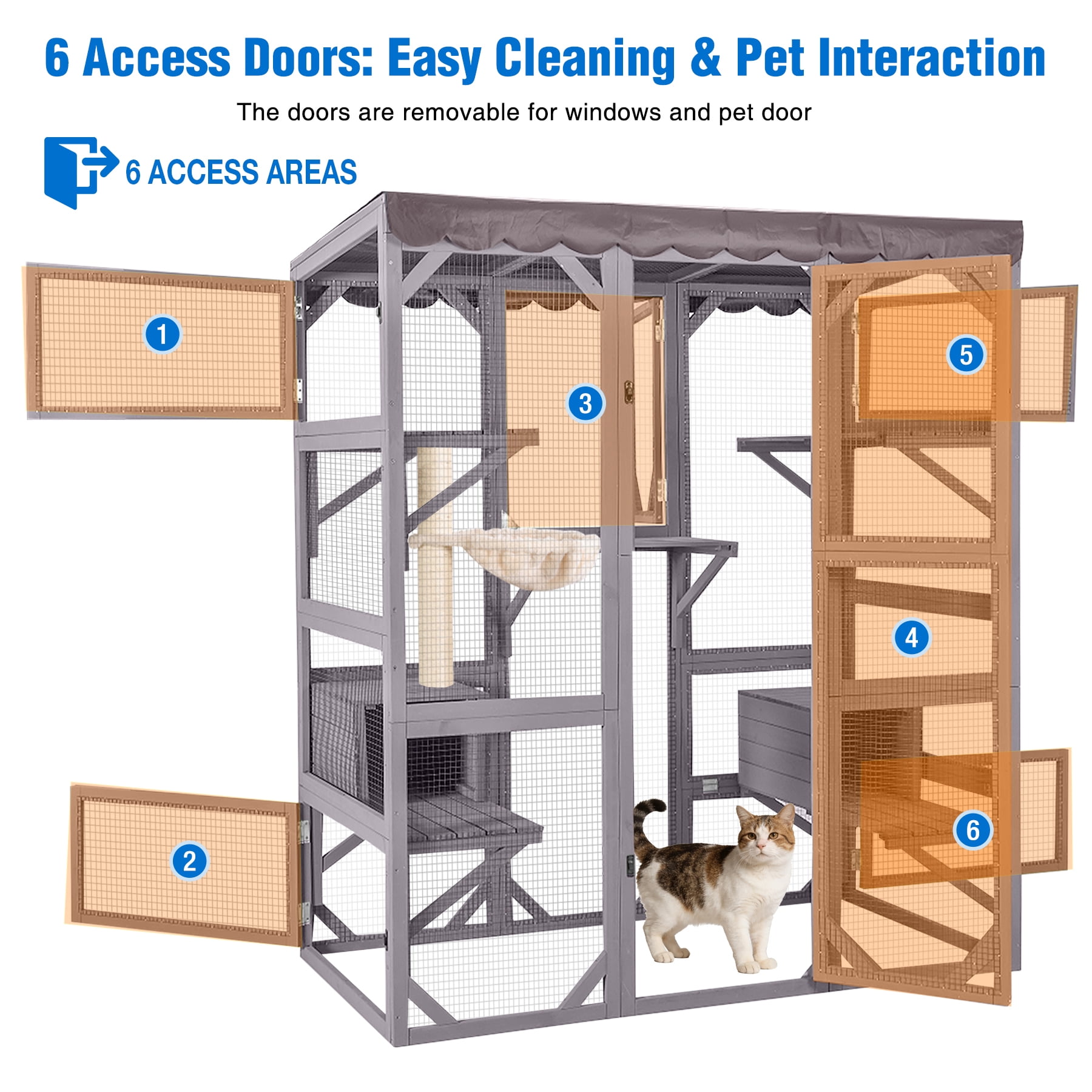 Suumerpety Catio Outdoor Cat Enclosure 70" Large Wooden Cat House with Weatherproof Roof & 7 Platforms & 2 Condons Window Catio for Indoors and Outdoors Gray