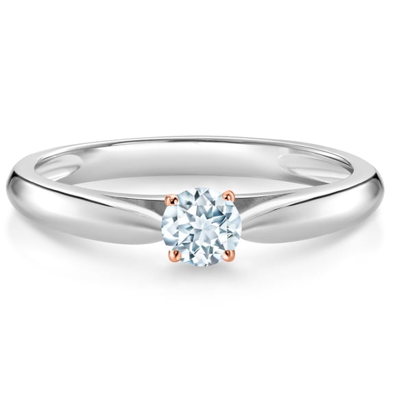 Gem Stone King 925 Silver and 10K Rose Gold Sky Blue Aquamarine Solitaire Engagement Ring for Women (0.17 Cttw, Gemstone March Birthstone, Round 3.5MM, Size 7)