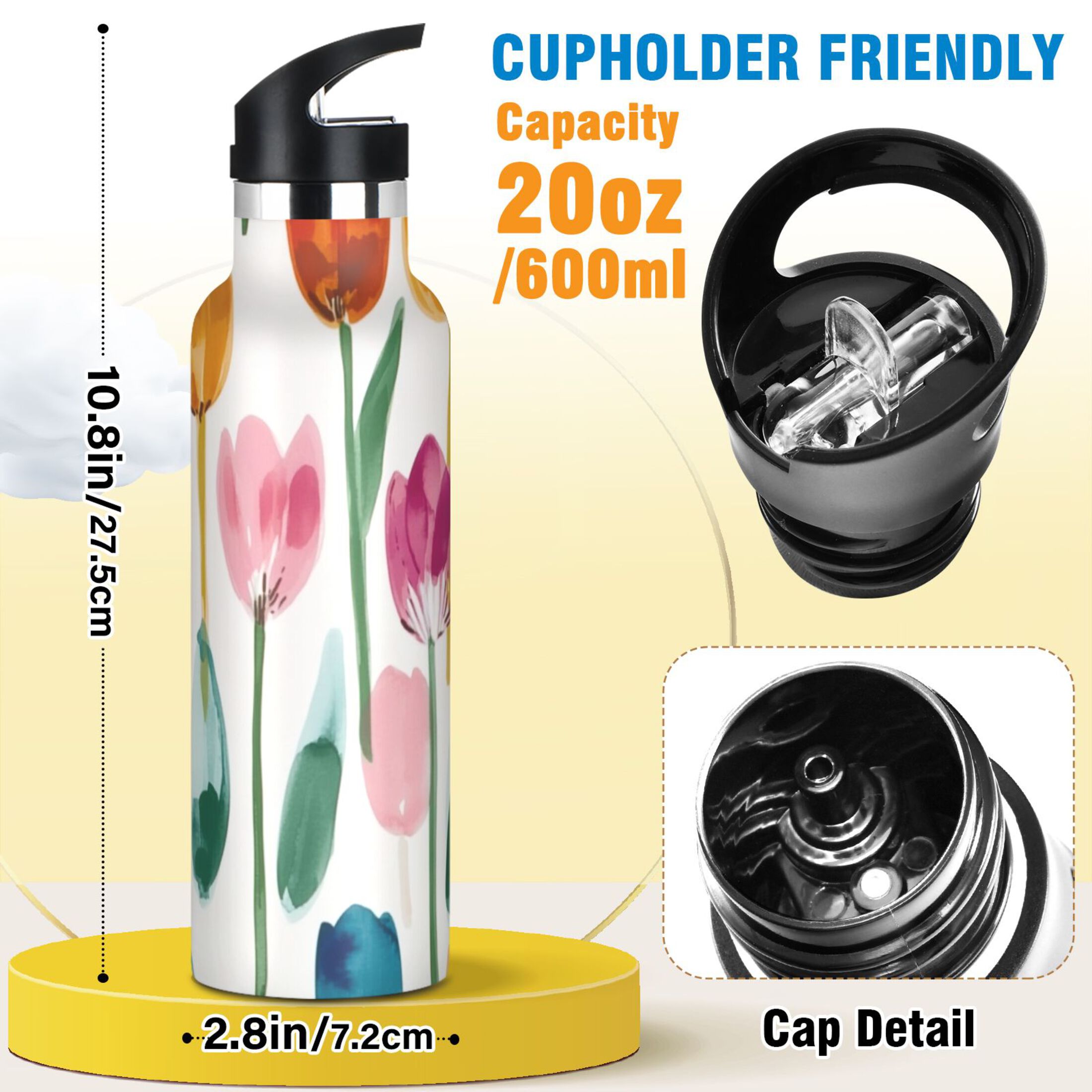 Kids Insulated Stainless Steel Sports Water Bottle 600ml (20oz) Cute Watercolor Tulips