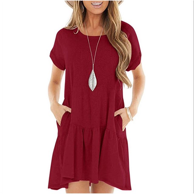 Robe d'Été à Col Rond avec Poches et Manches Courtes pour Femmes Robe Ample Mi-Longue à Volants