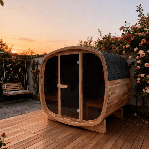 2-4 Person Outdoor Square Red Cedar Traditional Steam Sauna for Tempered Glass Door and Windows Weatherproof Asphalt Shingle Roof for Backyard Patio and Garden Relaxation