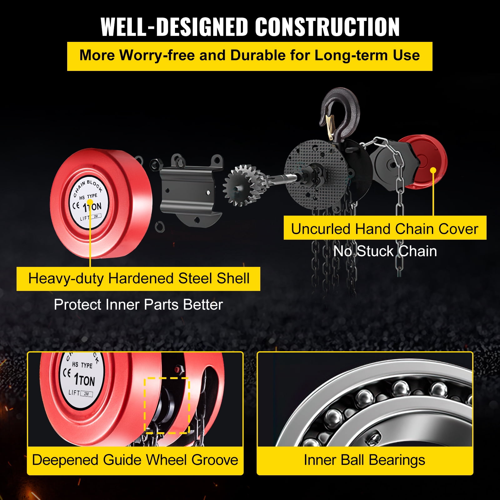 VEVOR Hand Chain Hoist, 1Ton/7ft Chain Block, Manual Hand Chain Block, Manual Hoist w/Industrial-Grade Steel Construction for Lifting Good in Transport & Workshop, Red