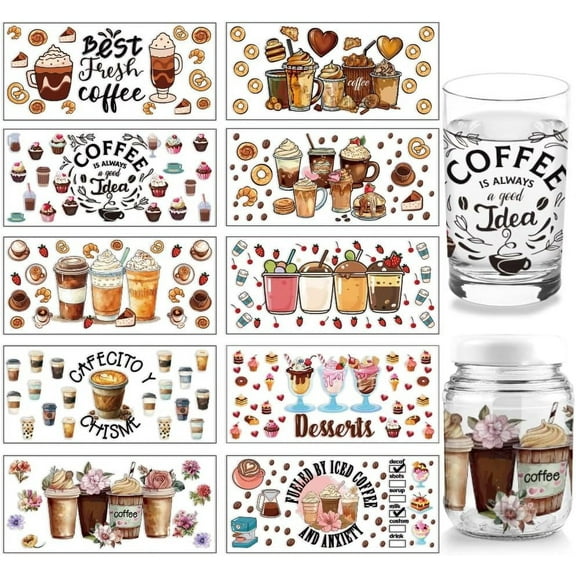 UV DTF Cup Wrap - 10 Sheets Coffee UV DTF Cup Wraps for 16 oz Milk Tea Cake Patterns Rub on Decals Waterproof PVC Transfer Stickers for Glass Cups Wood Crafts or Snack Case Colorful