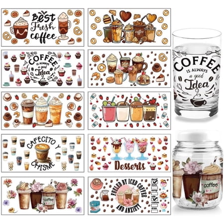 UV DTF Cup Wrap - 10 Sheets Coffee UV DTF Cup Wraps for 16 oz Milk Tea Cake Patterns Rub on Decals Waterproof PVC Transfer Stickers for Glass Cups Wood Crafts or Snack Case Colorful