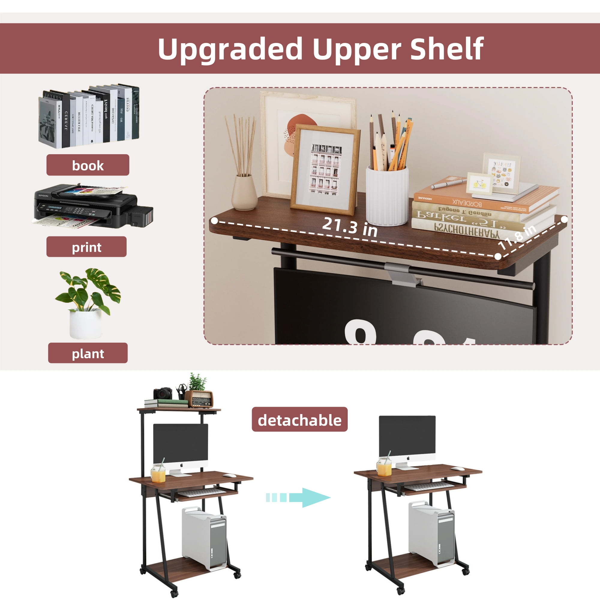 VGBYUJ Rolling Computer Desk, 3 Tier Mobile Computer Desk with Keyboard Tray & Print Shelf for Small Space, Home Office, Brown