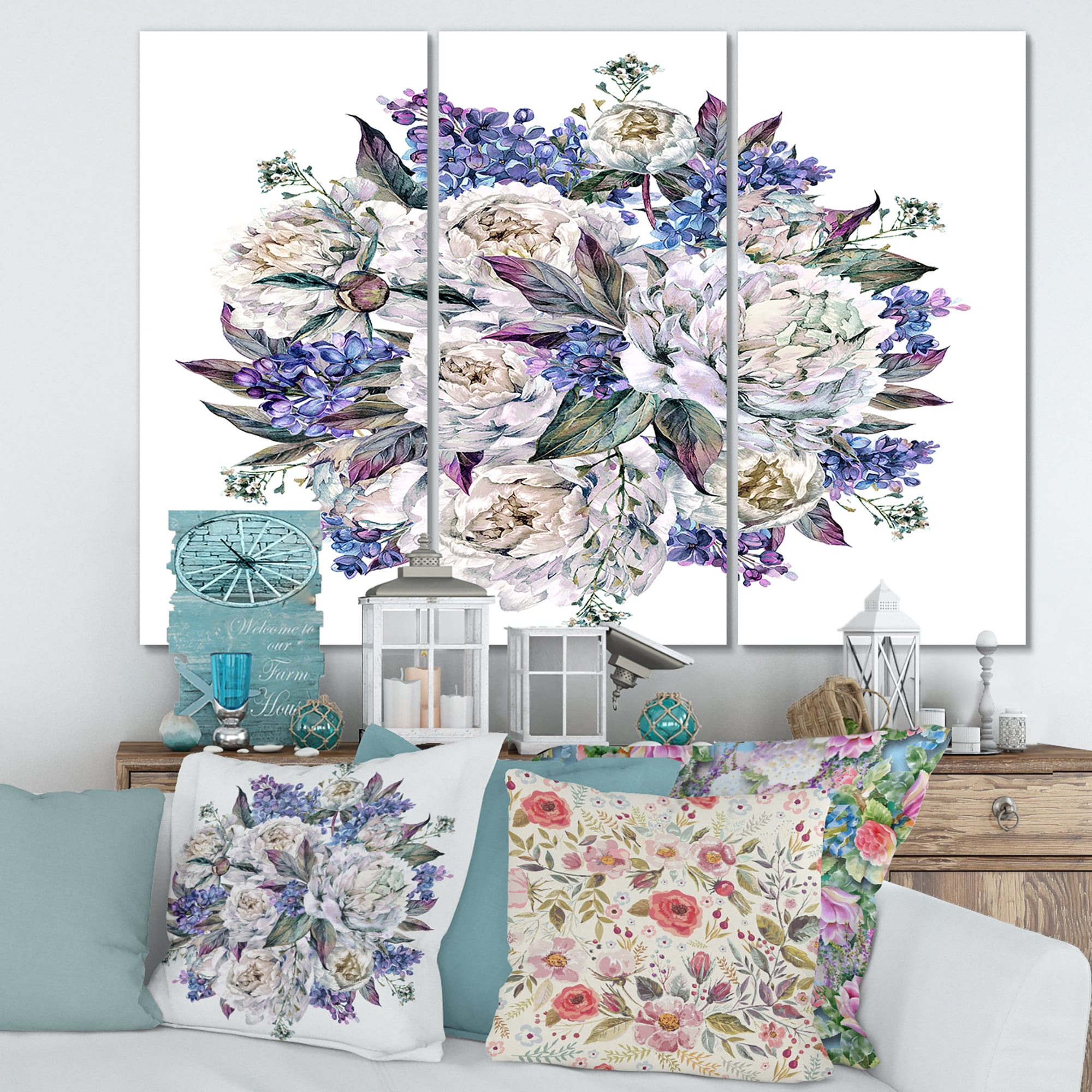 Designart ' Bouquet Peonies In Blue and White ' Traditional Canvas Wall Art Print