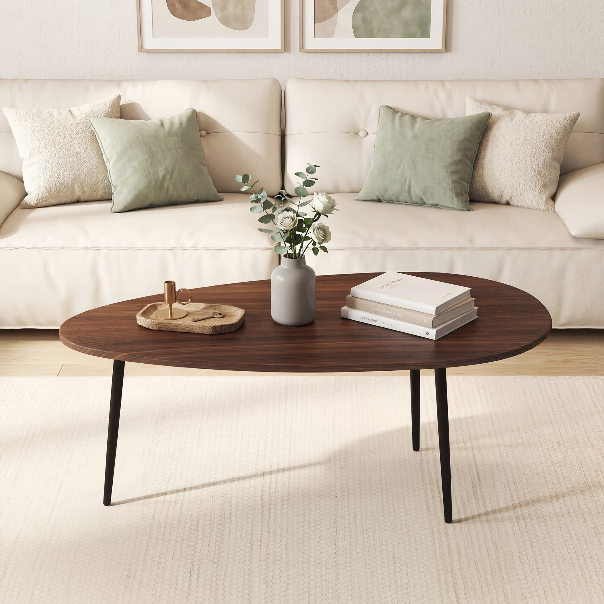 ELLEGNT Oval Coffee Table with Sturdy Metal Frame - Mid Century Center Table for Home Walnut