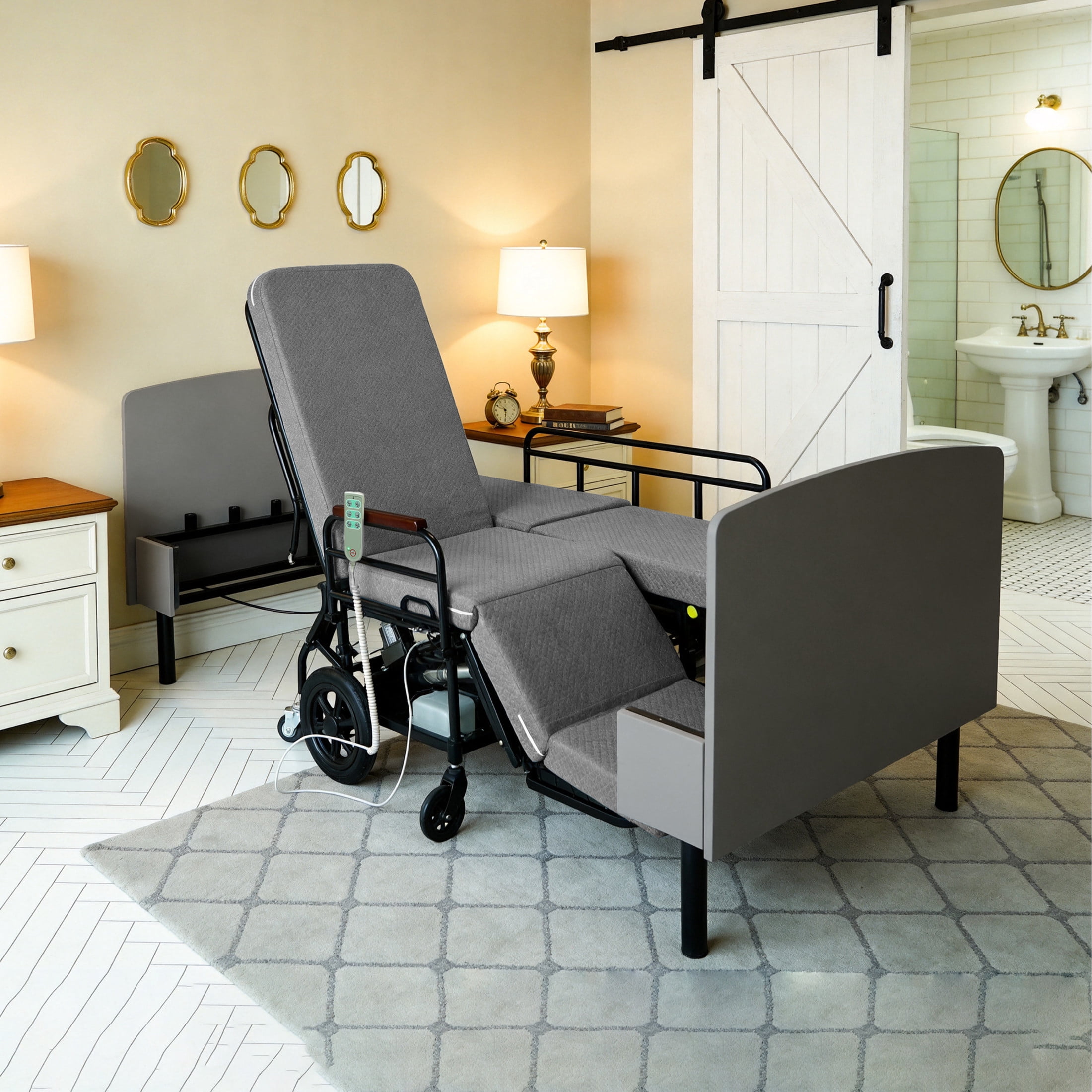 Noble House 3-in-1 Electric Nursing Bed, Adjustable Care Bed Converts to Wheelchair & Stretcher, Gray